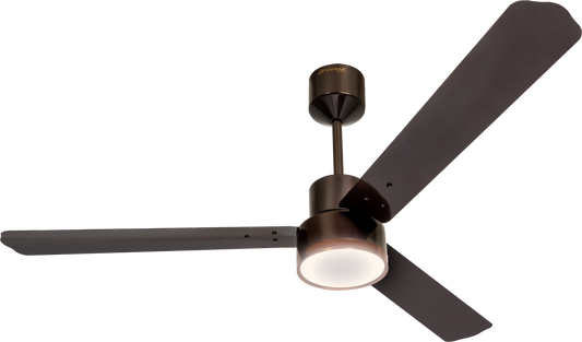 Black ceiling fan with three blades and a dome light housing
