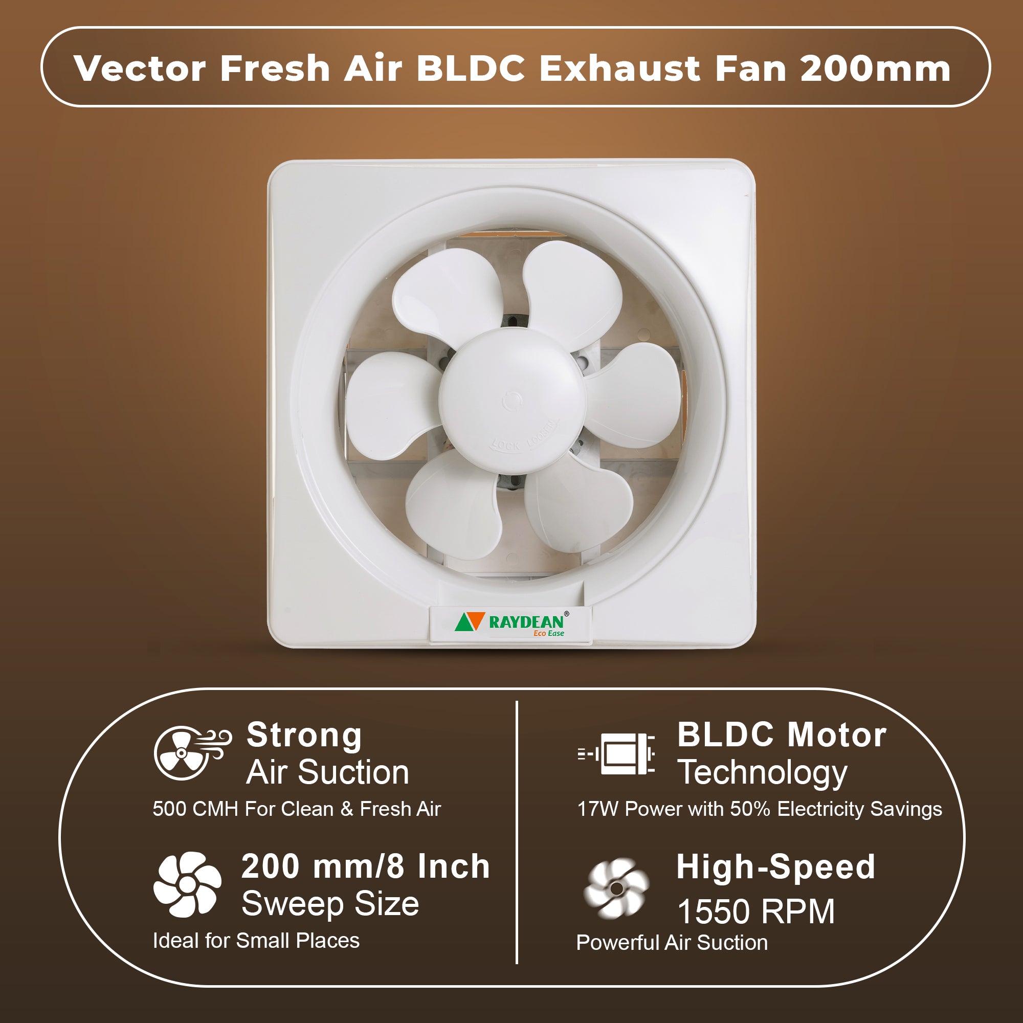 Vector Fresh Air BLDC exhaust fan 200mm, white wall-mount with 5-blade fan