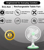 Rechargeable table fan with green base and white grille, warranty and performance icons
