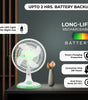 Rechargeable table fan with green base and in-built LED light, battery backup shown