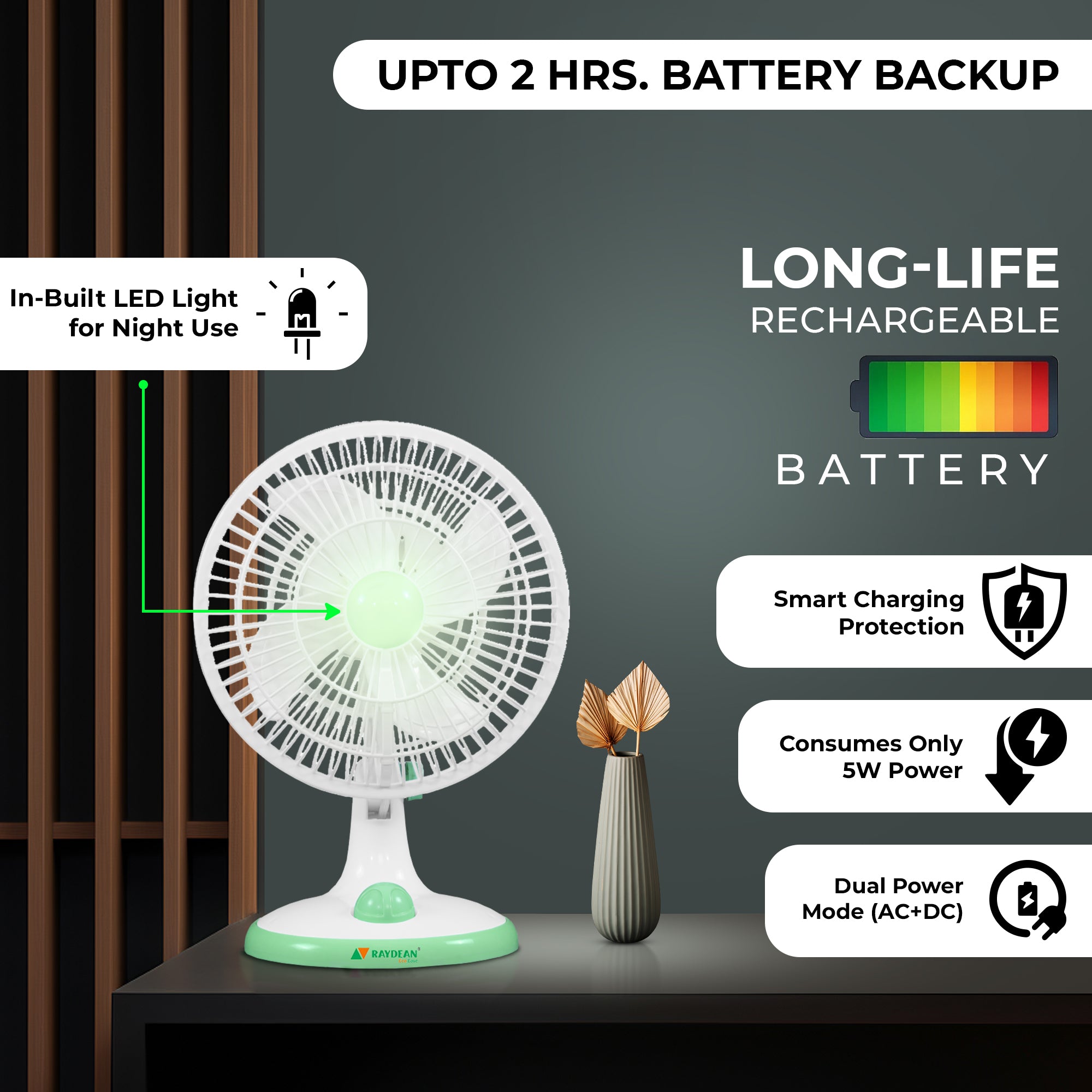 Rechargeable table fan with green base and in-built LED light, battery backup shown