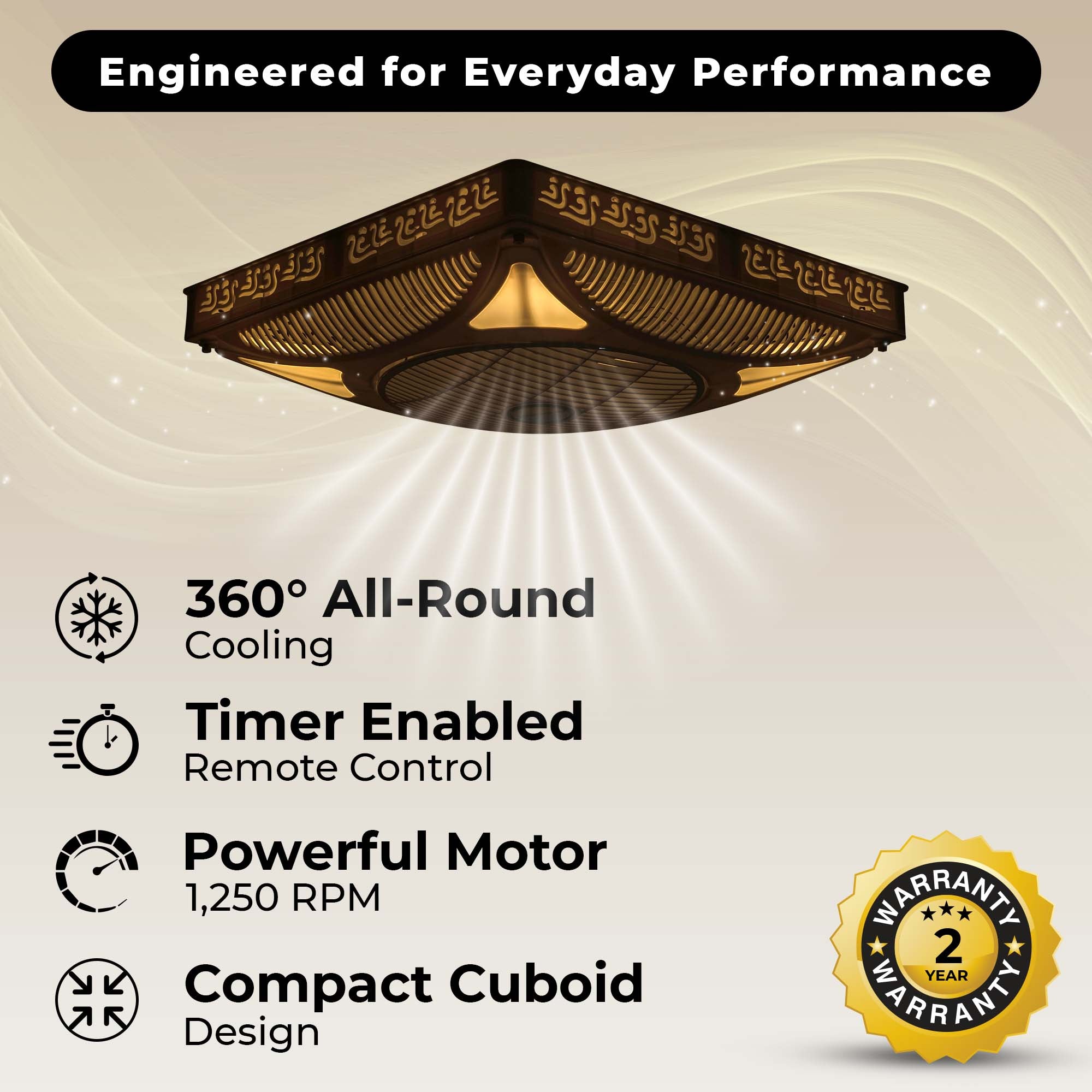 Ceiling fan promotion graphic showing a white cuboid fan unit from below