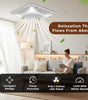 White cuboid ceiling fan above a living room with air flow rays