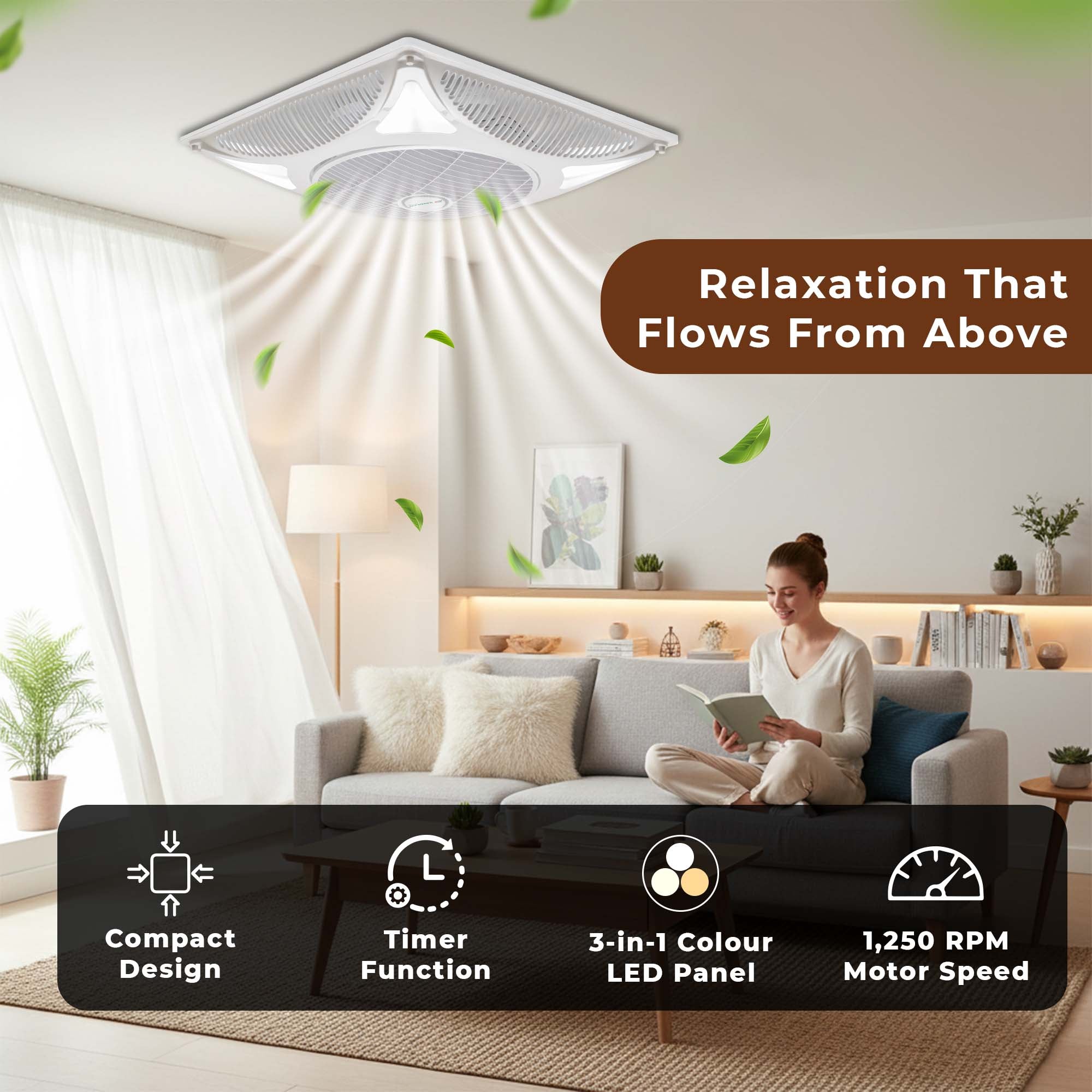 White cuboid ceiling fan above a living room with air flow rays