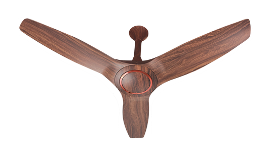 Brown BLDC ceiling fan with 3 wooden-look blades and circular center cap