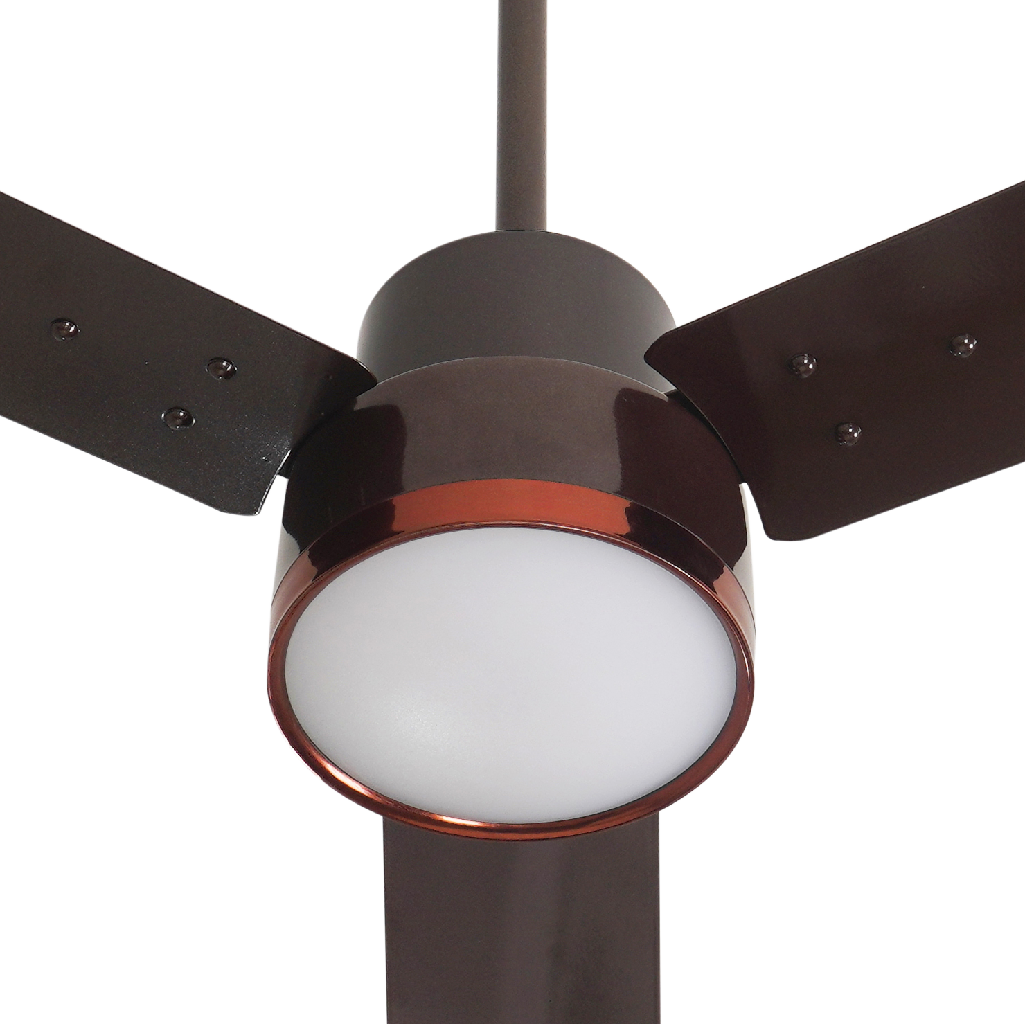Smoke brown BLDC ceiling fan with three dark blades and white frosted light cover