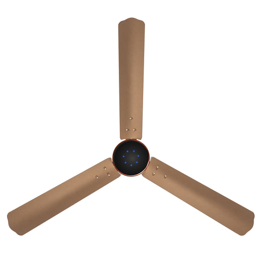 LED ceiling fan with 4 bronze blades and circular dark light with blue dots